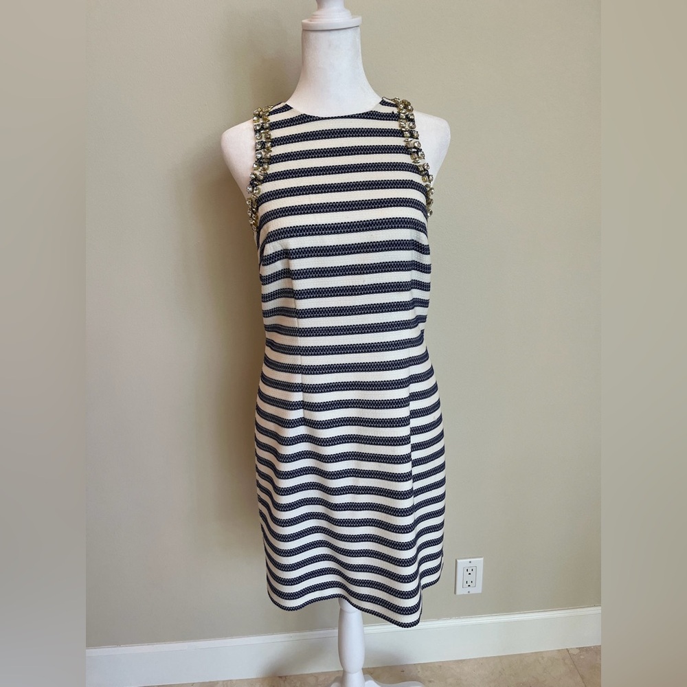Trina Turk Navy and White Sheath Mini Dress Halter Neckline